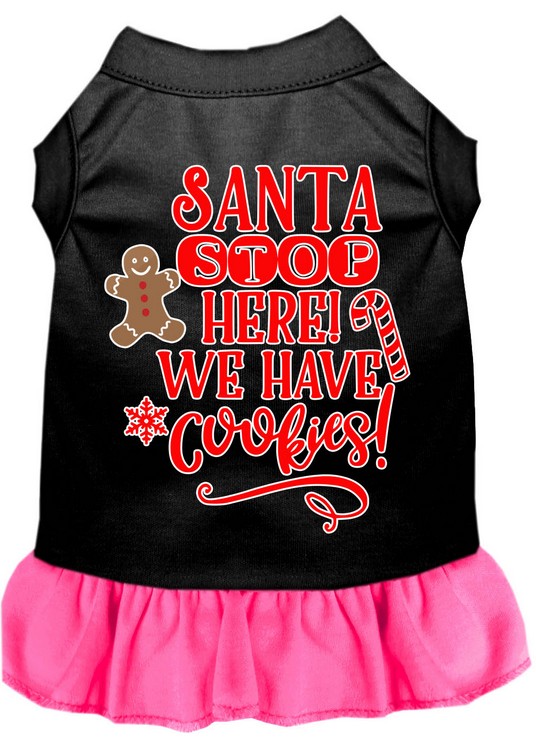 Santa, We Have Cookies Screen Print Dog Dress Black with Bright Pink XXL